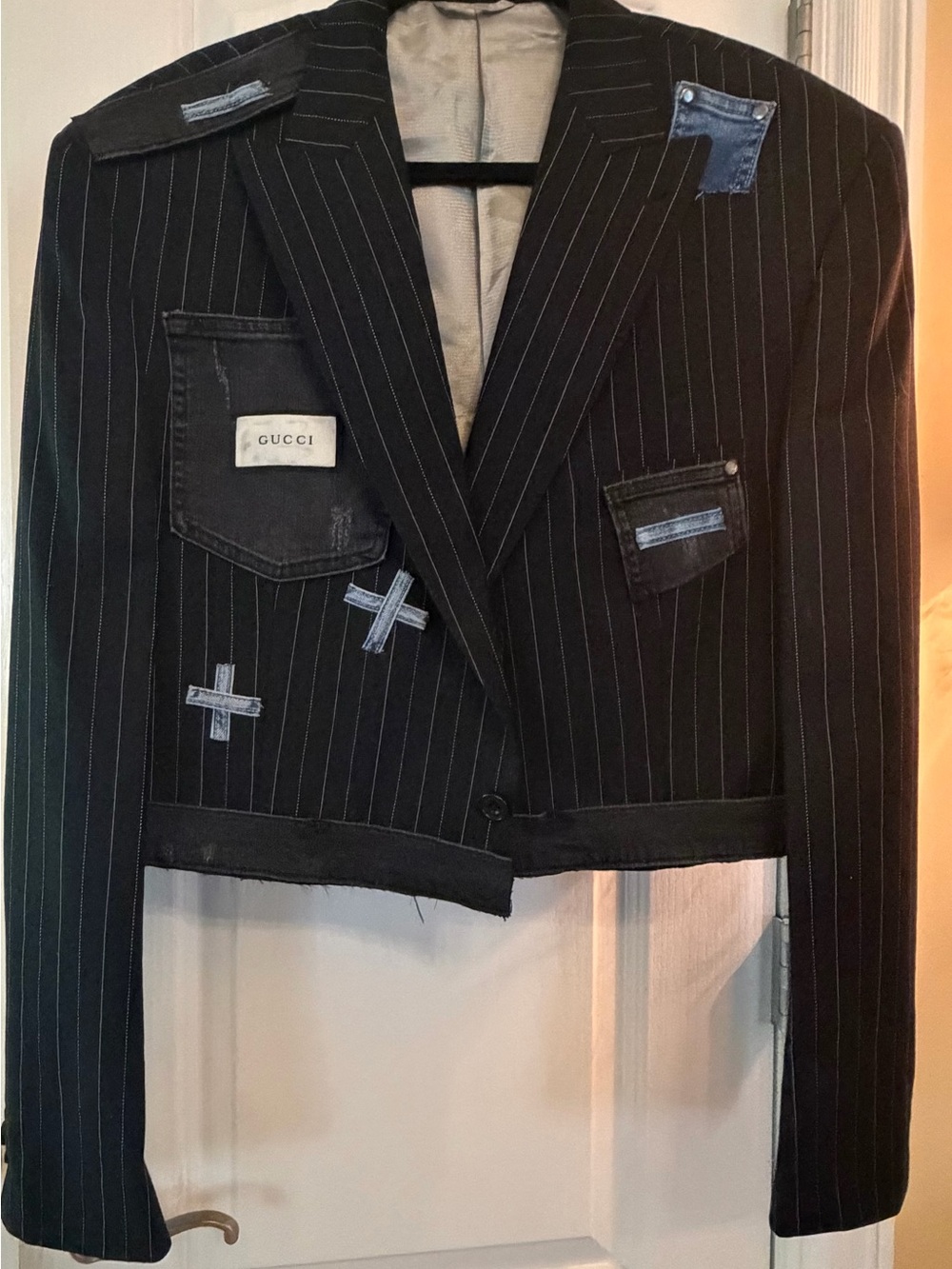 Upcycled  Black Pinstriped Cropped Blazer with Denim Patch Accents size 2X - Picture 2 of 4